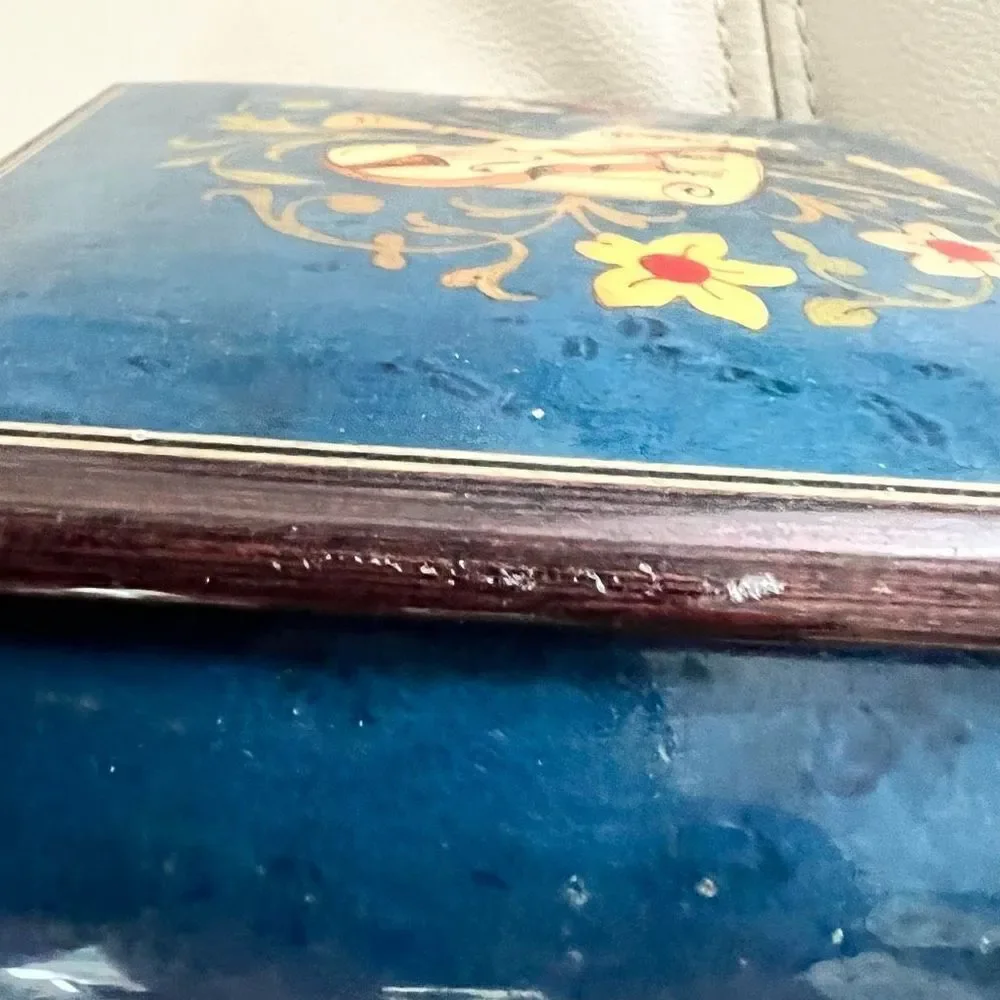 Vintage Italian Inlay Dark Blue Musical Jewelry Box